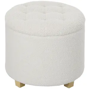 HOMCOM 18" Round Storage Ottoman, Teddy Fleece Bedroom Stool with Removable Lid and Wood Legs, Button Tufted Footstool for Living Room, Hallway, White
