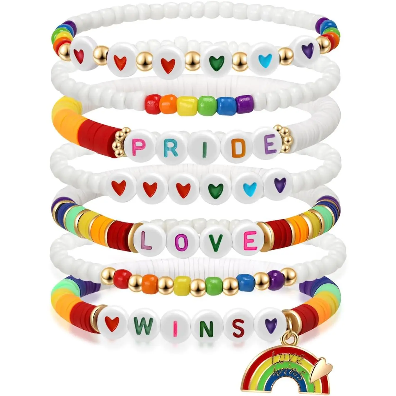 LGBT Pride Bracelet for Bisexual Lesbian Gay& Allies Pride Love Wins Rainbow Colorful Beaded Clay Elastic Stackable Stretch Bracelet LGBTQ Celebration Gifts