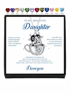 Vitality Calf Cup Cute cow mug necklace with diamond pendant and 12 birthstones. Comes with greeting card for daughter. Ideal birthday, Christmas and festive surprise gifts for girls.