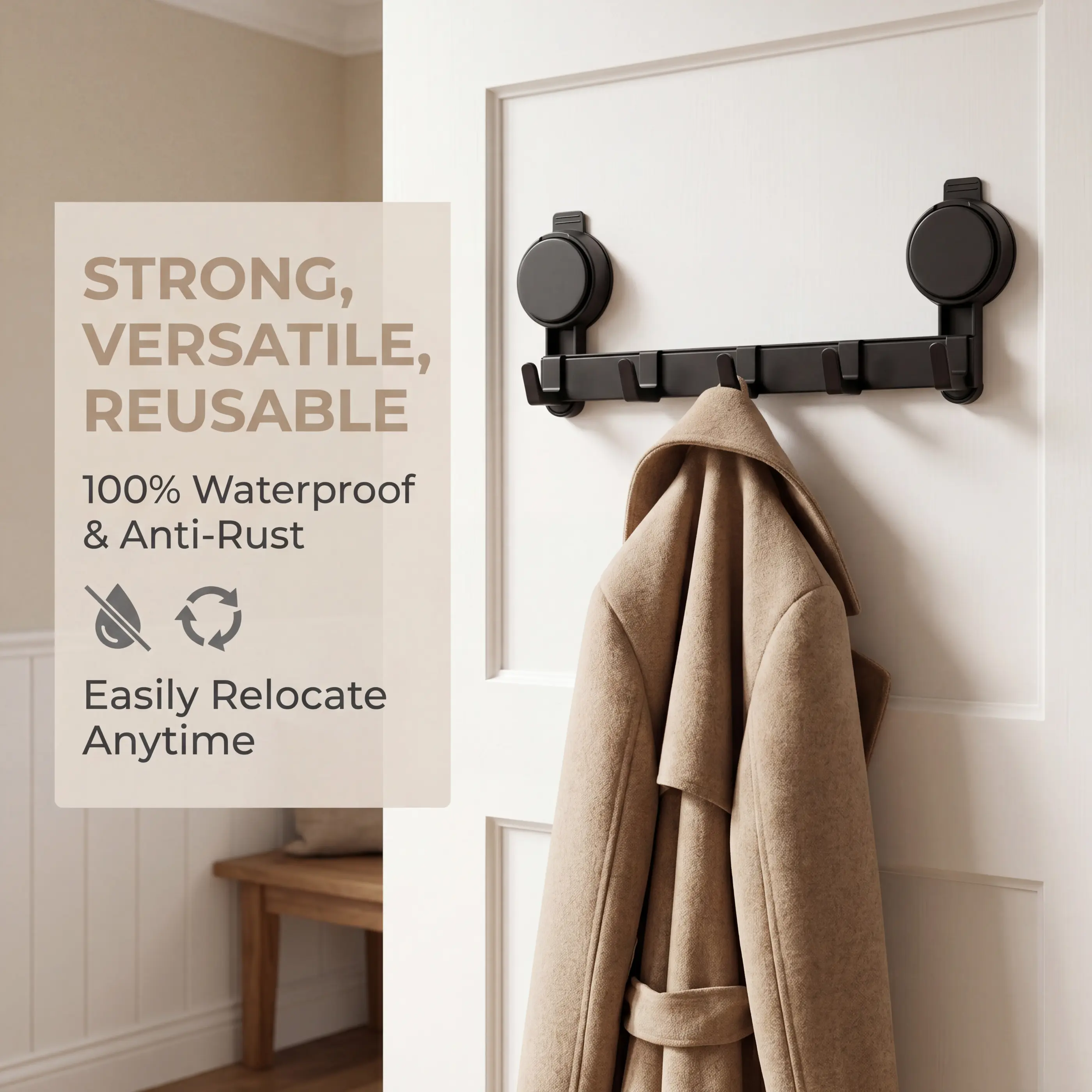 Matte Black Contemporary Aluminum 5-Hook Towel Rack, No-Drill Heavy-Duty Adhesive Wall Hook Rack, Renter-Friendly Damage-Free Waterproof Rustproof Home Storage Organizer for Bathroom Tile Glass Walls