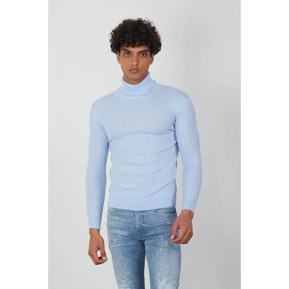 Men’s Light Blue Turtleneck Sweater – Slim Fit Ribbed Knit Pullover by One in a Million