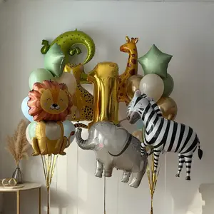 25pcs Jungle Animal Theme Number Balloons Set, Cartoon Lion Zebra Crocodile Elephant Leopard Giraffe, Kids Birthday Party Decorations