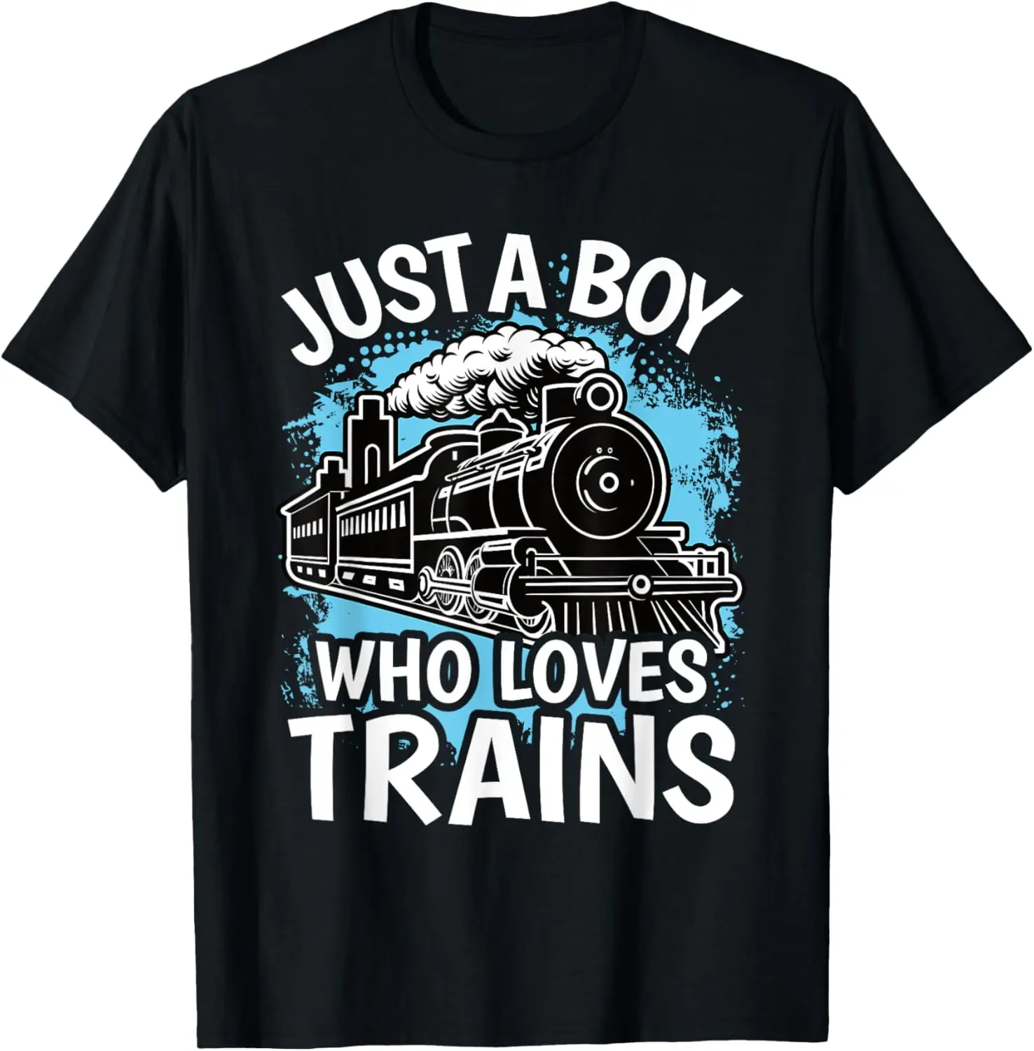 Women's 100% Cotton Vintage Streetwear Short-Sleeve Round Neck Casual Distressed Graphic Top - "Just A Boy Who Loves Trains" Railroad Conductor Model Train Theme Tshirt