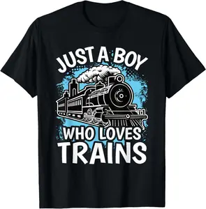 100%cotton Just A Boy Who Loves Trains Railroad Conductor Model Train T-Shirt