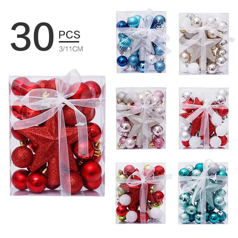 30pcs Hangable Round Christmas Bauble Balls with Star Top Decoration - Festive Decorating Ornaments for Home, Holiday Party, New Year Gifts