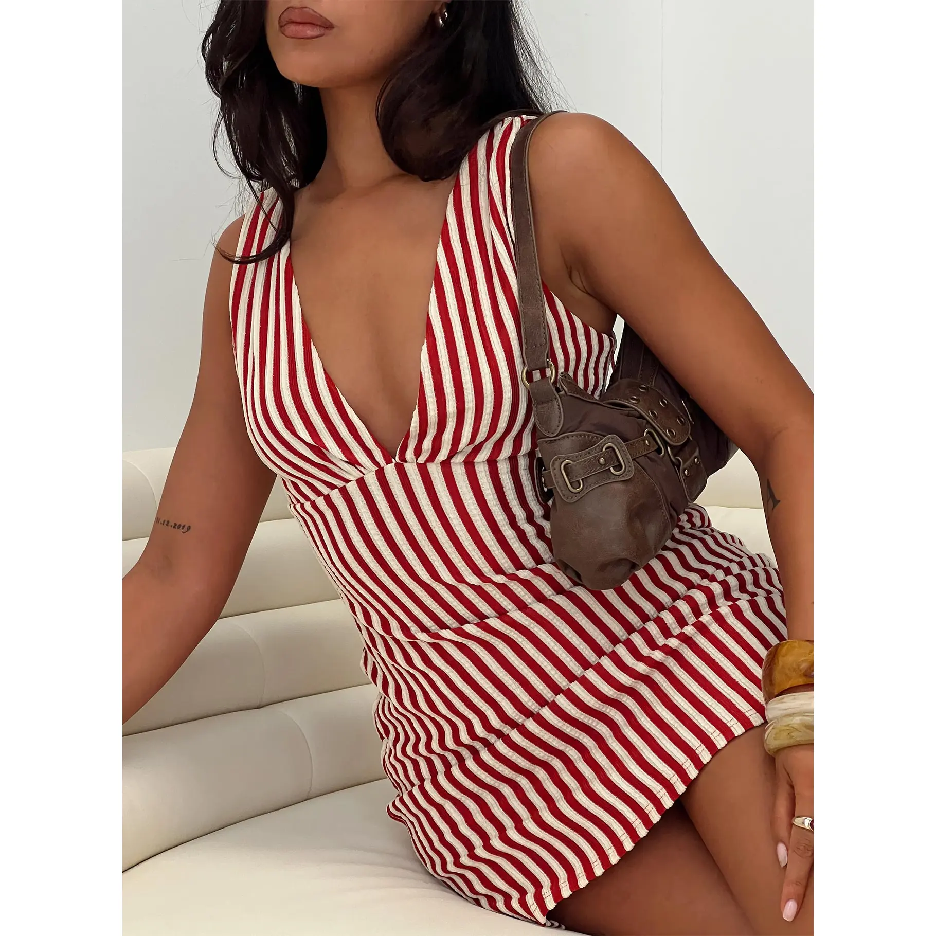 Daphney Plunge Mini Dress Red / Cream