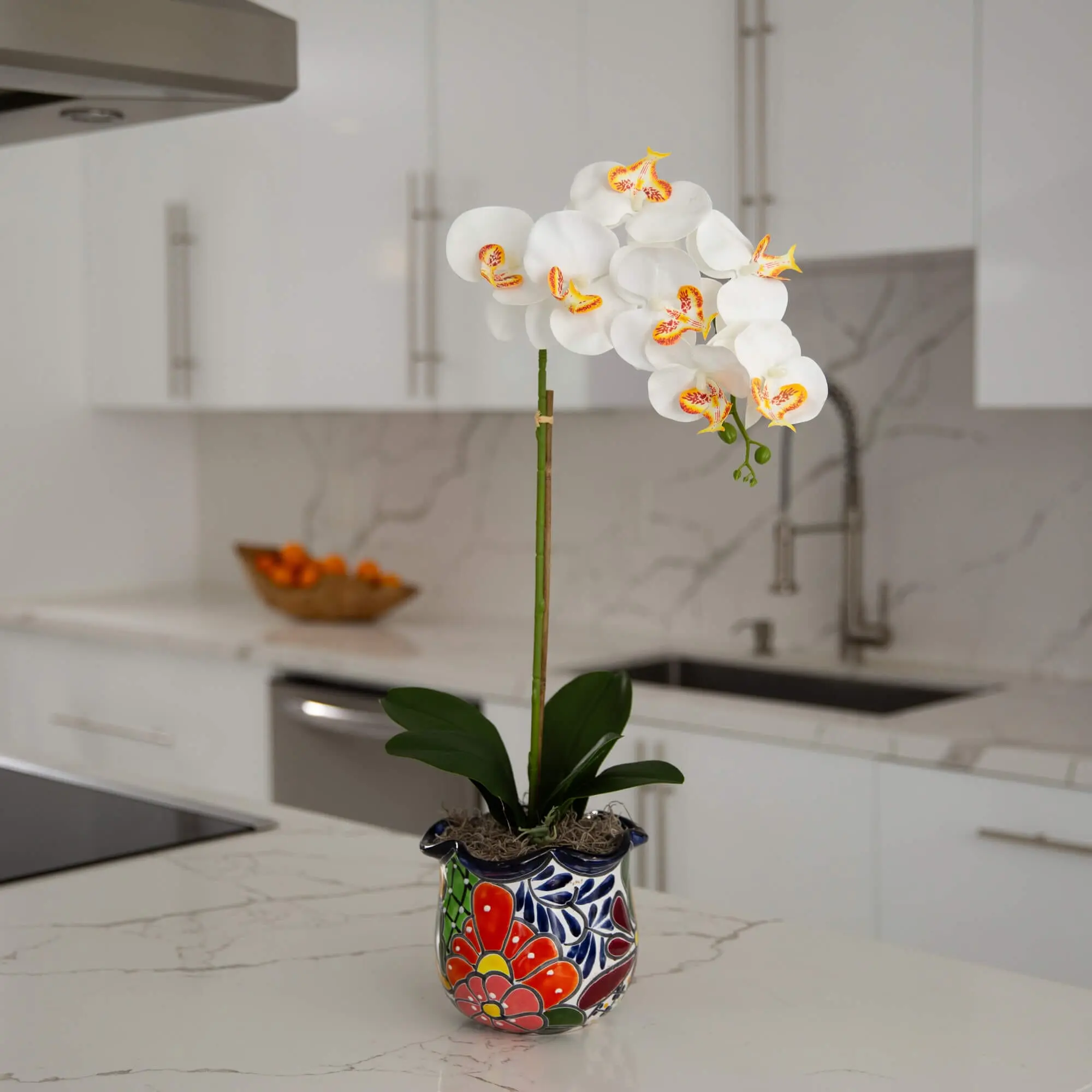 26-in Lifelike Artificial Orchid Arrangement - Decorative Floral Decor Flowers in Handmade Mexican Talavera Ceramic Planter, All Seasons Indoor Home Decor, Indoor Decor, Plants