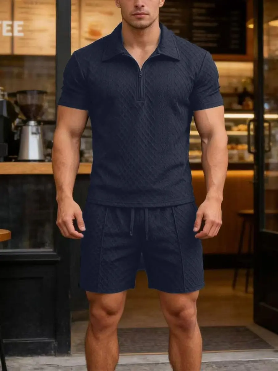 Men's 2-Piece Shorts Set, Casual Diamond-Stitched Textured Tracksuit Outfit with a Short-Sleeve Polo Shirt, Sleeve Matching Shorts & Top Sets