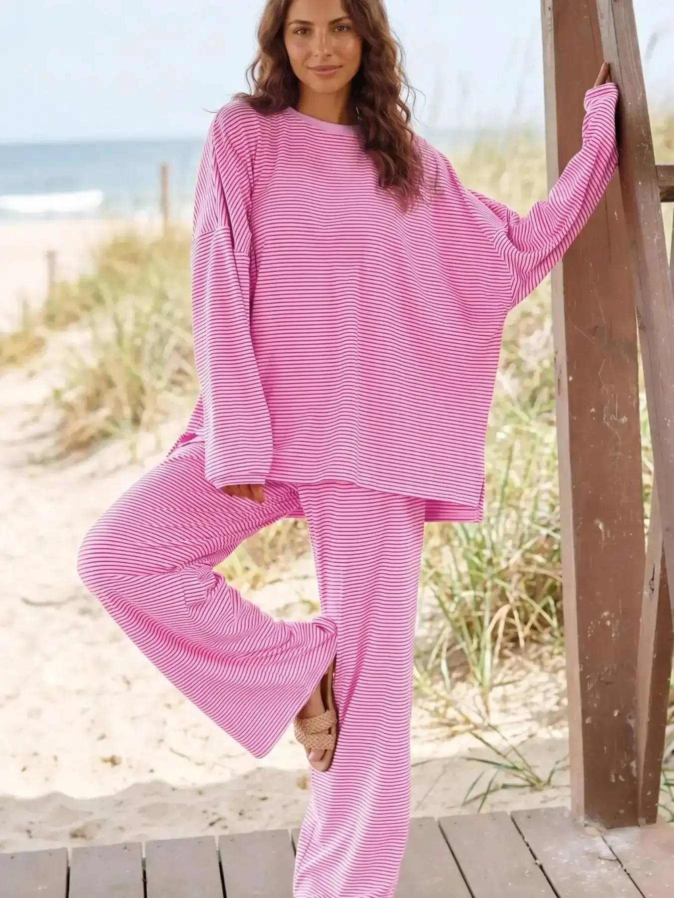 Women's Effortless Striped Set, Loose Fit Oversized, Round Neck Long Sleeve Top, Elastic Waist Straight Leg Pants, 2-Piece Cotton Comfortable Lounge Wear Pajamas, effortless layering, chic everyday, refined casual