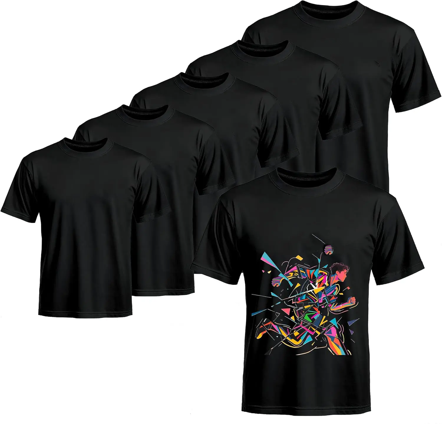 Unisex T-Shirts 5 Pack, Loose Fit Crew Neck Blanks in Soft Polyester Fabric, Solid Black for Sublimation & DIY Prints