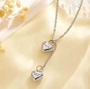 Stainless Steel Cremation Keepsake Engraved Double Heart Pendant Necklace