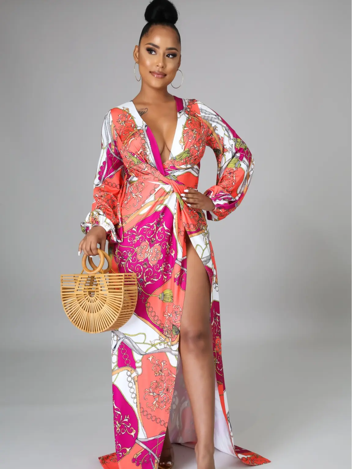 Beauty Is Her Name, Stretch dress  Plunging neckline Long sleeve V-neck  Knot detail High Slit