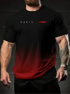 Men's Ombre Letter Print Round Neck Tee, Regular Fit Casual Short Sleeve Crew Neck T-Shirt for Daily Wear, Men's Top for All Seasons