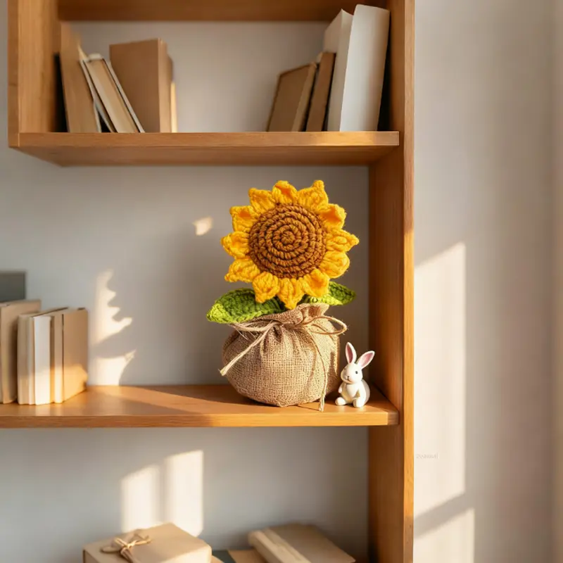 Handmade Crochet Sunflower Potted Decor, Knitted Artificial Sunflower in Burlap Bag, Cute Desk Ornament, No-Wilt Fake Flower, Gift for Women Office Home Decor，Small Desktop Decor, Unique Handcraft Gift for Her，Thoughtful Birthday Gift，Goodvibe