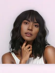 16 Inch Short Bob Wavy Wig with Bangs Heat-Resistant Synthetic Hair Loose Curly Shoulder Length Look For Daily Wear Halloween Christmas Easy Maintenance & Styling, Halloween Costume Cosplay Accessory Wavy Synthetic Hairpiece