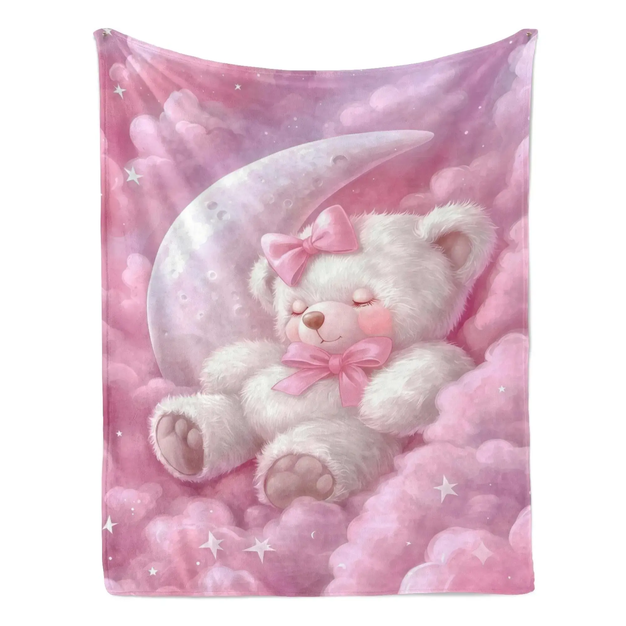 Pink Dreamy Sleeping Bear Moon Cloud Flannel Throw Blanket, Lightweight Ultra Soft Fuzzy Plush Blanket for Couch Bed Nursery, All Season Cozy, Sweet Gift for Baby Girls Toddlers Home Decor