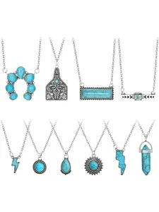 10 Pcs Western Necklace Set Turquoise Cattle Tag Bar Lightning Bull Head Cowgirl Cowboy Pendant Necklace Jewelry for Women Assorted Necklaces