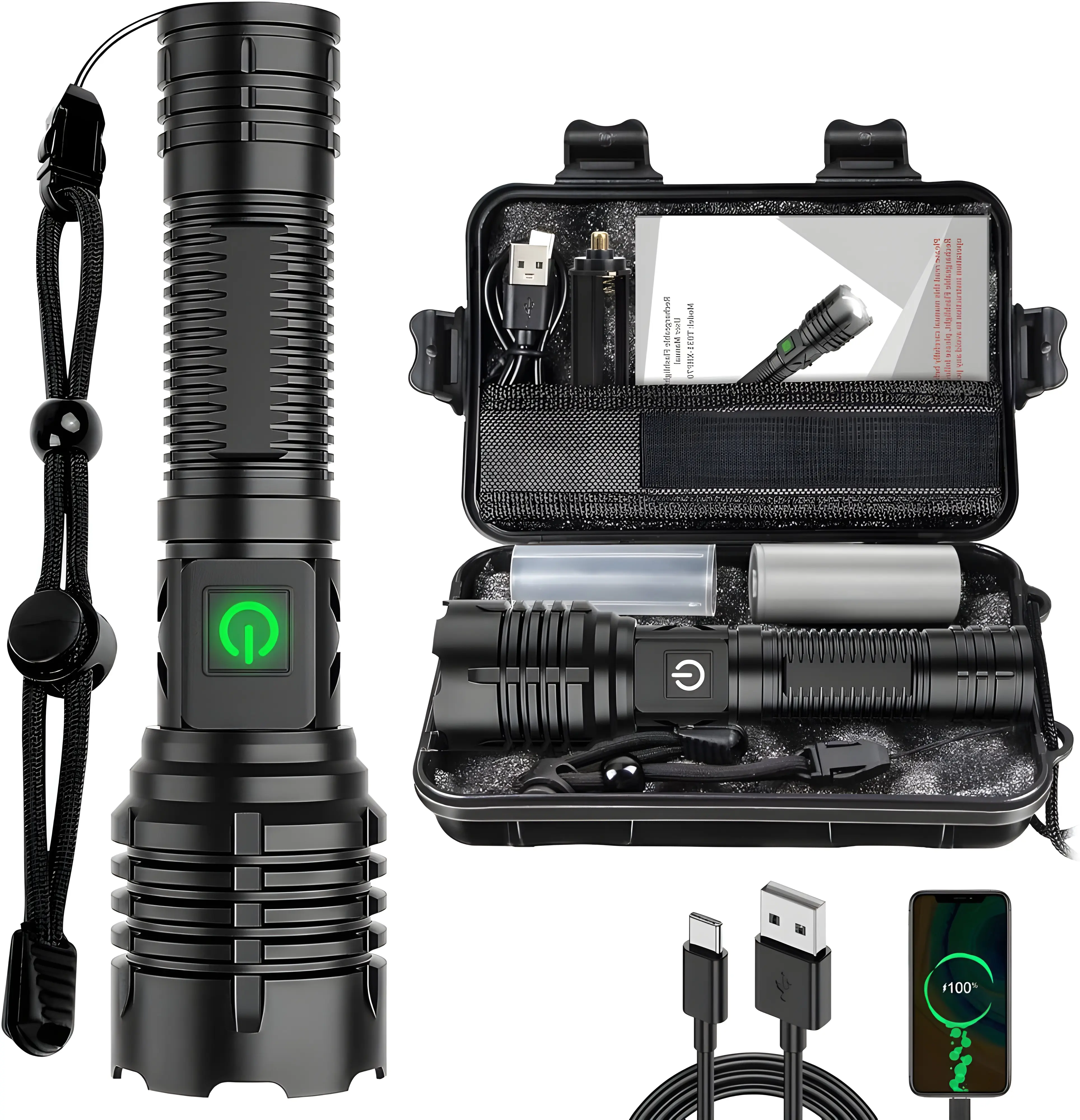 Rechargeable High Lumens Flashlights - 100000 Lumens XHP70.2 Super Bright LED Flashlight, Type-C, 5 Modes, Zoomable, IPX6 Waterproof camping lights
