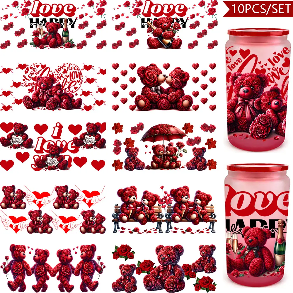 Set of 10 stickers, Valentine's Day bear stickers, fits 16-oz mugs, printed, UV-resistant, DIY stickers, the perfect gift