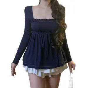 Women Y2k Coquette Babydoll Tops Cute Picot Trim Square Neck Shirts 90s Vintage Long Sleeve Ruffle Peplum Blouse