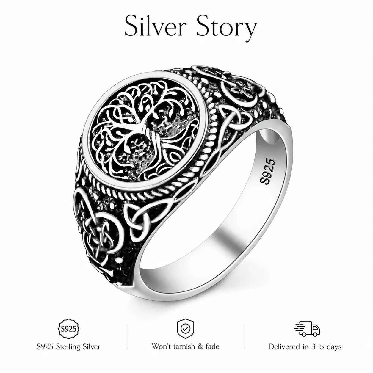 925 Sterling Silver Men's Tree of Life Celtic Knot Viking Motif Ring - Irish Celtic Band, Everyday Norse Jewelry Gift for Husband