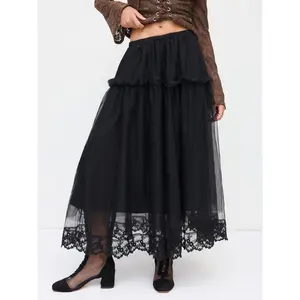Cider Mesh Mid Rise Lace Trim Ruched Tulle Midi Skirt