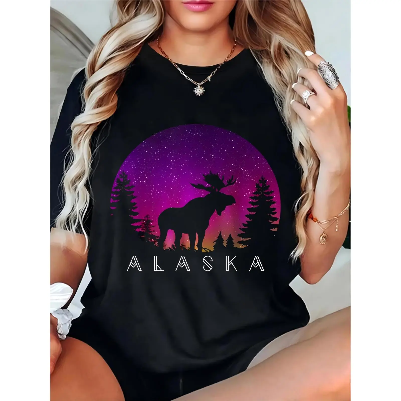 Women's Crew Neck T-Shirt, Casual Alaska Moose Graphic Top with Relaxed Fit, 100% Cotton Lightweight Short Sleeve for Travel, Round Neck, Loose, Comfortable, Breathable, Clothes, Skirts