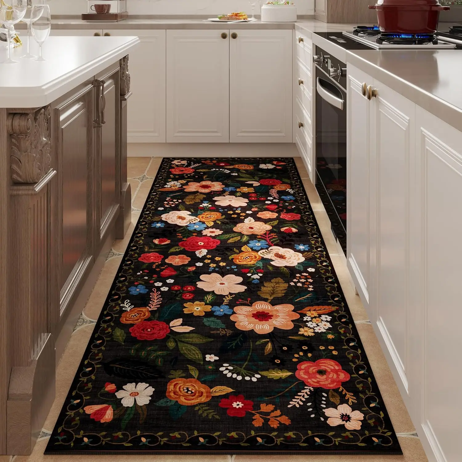 Floral Pattern Kitchen Runner Rug, 1 Count Non-slip Washable Runner Rug, Soft Floor Carpet for Hallways, Kitchen, Laundry, Bedroom, Bathroom