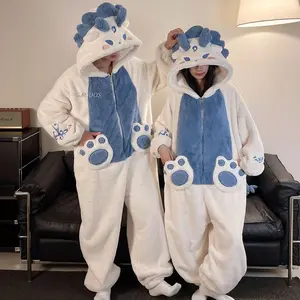 Cartoon Shark Onesie Winter Warm Sleepwear Women Men Pajamas Thicken Couple Pijamas Cartoon Night Clothes Women Hooded Homewear