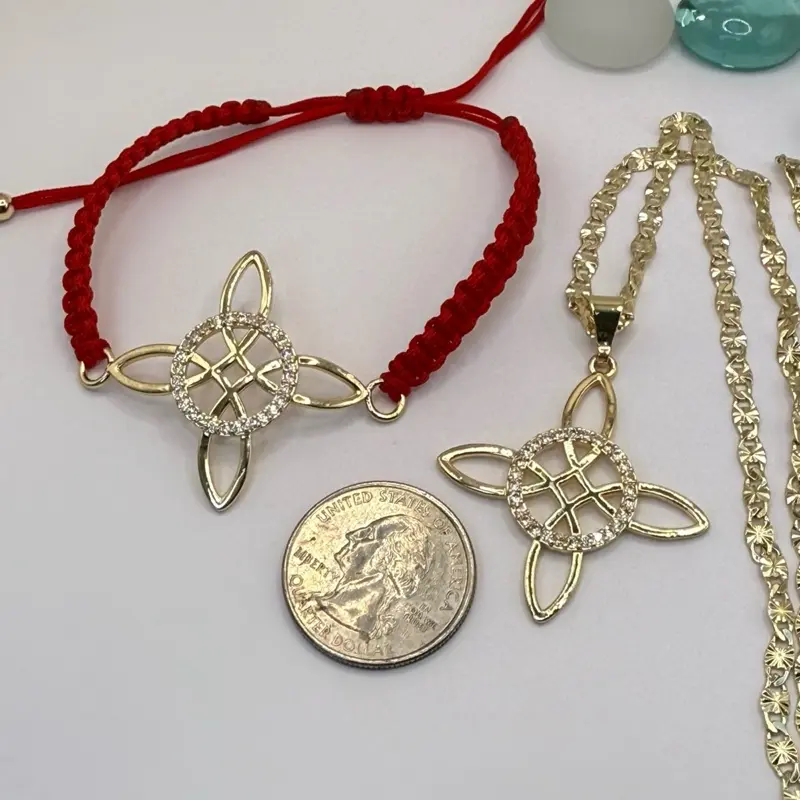 NUDO DE BRUJA Gold-Plated Necklace and Bracelet Set with Clear Stone Hermosa  Adjustable Bracelet Chain Red Cord Jewelry Set