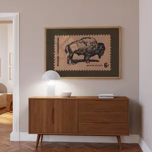Vintage Bison Print, American Buffalo Poster, Rustic Western Animal Wall Art, Cowboy Farmhouse Decor, 5 Size, 8x12 to 27x40 inch, Room Decor, Unframed