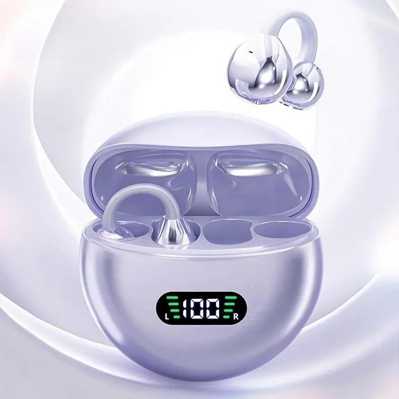 MOKATA Wireless Open-ear Headphone, TWS Earbuds with Charging Case, Bluetooth-compatible Earbuds for Sports, Audio Earbuds with LED Display gym earphone Clip-On noise suppression immersive hifi Connection Purple design silent party tiktok In-Ear