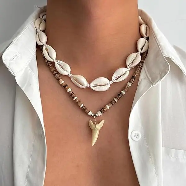 BloomWish B Puka Shell Necklace for Men Surfer Seashell Beach Shark Necklaces Summer Beaded Jewelry