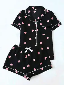 Women's Heart Print Short Sleeve Shirt & Elastic Waist Shorts Pyjama Two-piece Set, Casual Comfy Top & Shorts PJ Set, Ladies Sleepwear for All Seasons
