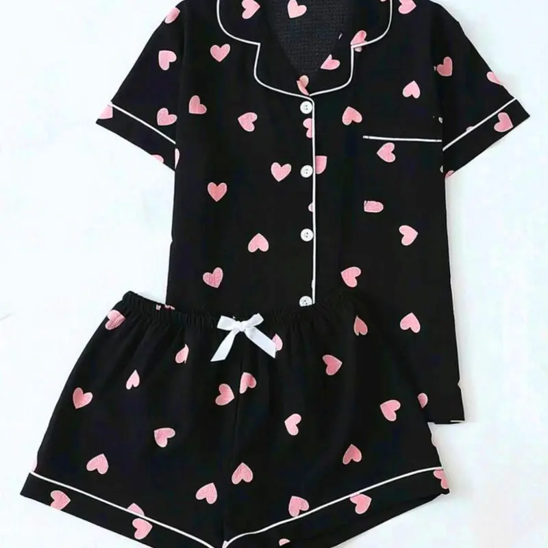 Women's Heart Print Short Sleeve Shirt & Elastic Waist Shorts Pyjama Two-piece Set, Casual Comfy Top & Shorts PJ Set, Ladies Sleepwear for All Seasons Pajamas Loungewear, Lounge Pjs Set, Loungewear Shorts Sets