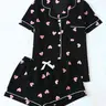 Women's Heart Print Short Sleeve Shirt & Elastic Waist Shorts Pyjama Two-piece Set, Casual Comfy Top & Shorts PJ Set, Ladies Sleepwear for All Seasons Pajamas Loungewear, Lounge Pjs Set, Loungewear Shorts Sets