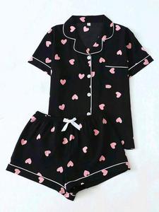 Women's Heart Print Short Sleeve Shirt & Elastic Waist Shorts Pyjama Two-piece Set, Pajama Set, Casual Comfy Top & Shorts PJ Set, Ladies Sleepwear for All Seasons, Loungewear