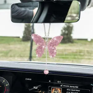 Glitter Butterfly Design Car Rearview Mirror Hanging Ornament, Rhinestone Decor Universal Car Interior Decoration, Suitable for Women & Girls