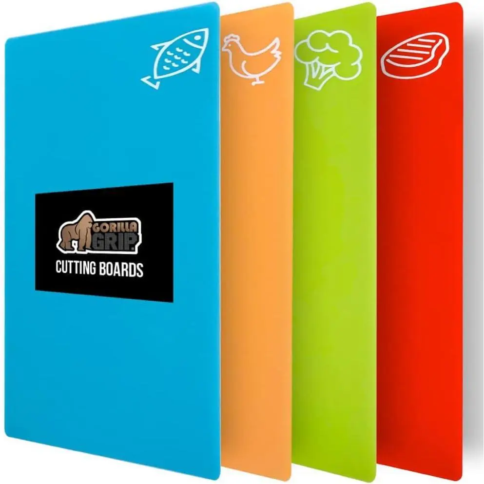 100% BPA-Free Flexible Cutting Board Set of 4, Durable Plastic Mats with Food Icons for Meal Prepping, Large Kitchen Chopping Mat,15x12, Multicolor