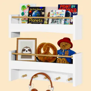 Floating  Bookshelves for Wall Set of 2, Wall Hanging Shelves with Hooks, White Wall Shelf for Living Room Bedroom Decor, Floating Shelf Organizer with Hooks for Kitchen Bathroom