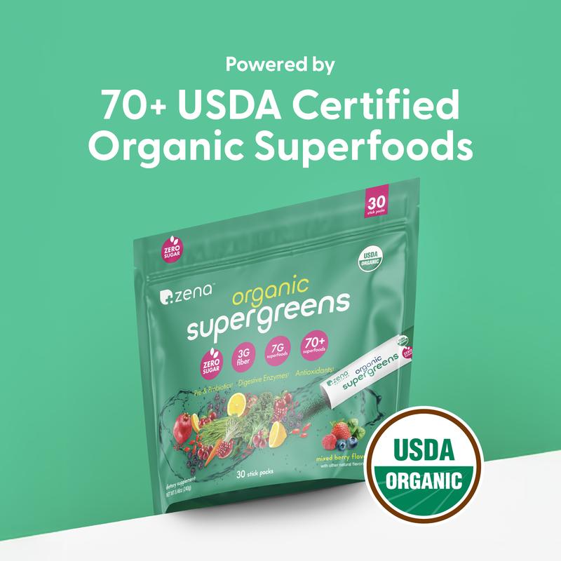 Zena Nutrition Organic Supergreens 30 Stick Packs 70+ Superfoods 3g Fiber Zero Sugar Antioxidants Prebiotics Probiotics Digestive Enzymes Mushrooms USDA Organic Gluten-Free Vegan Non-GMO Dietary Supplement - Healthcare