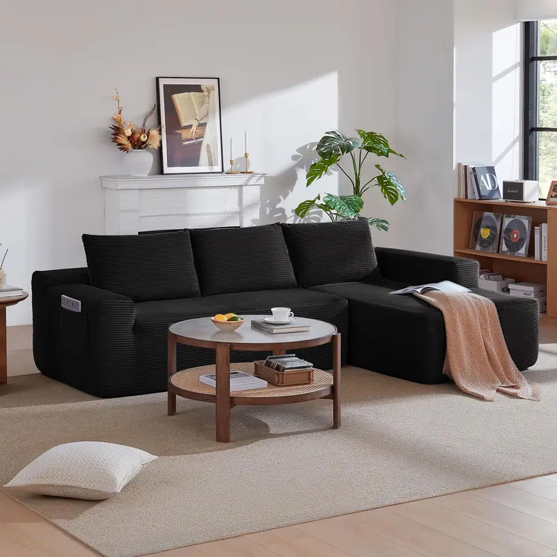 Compressed Modular Sectional Sofa with Deep Seat, Corduroy Boneless Couches, L-Shaped Sofa for Living Room, 4 Storage Pockets
