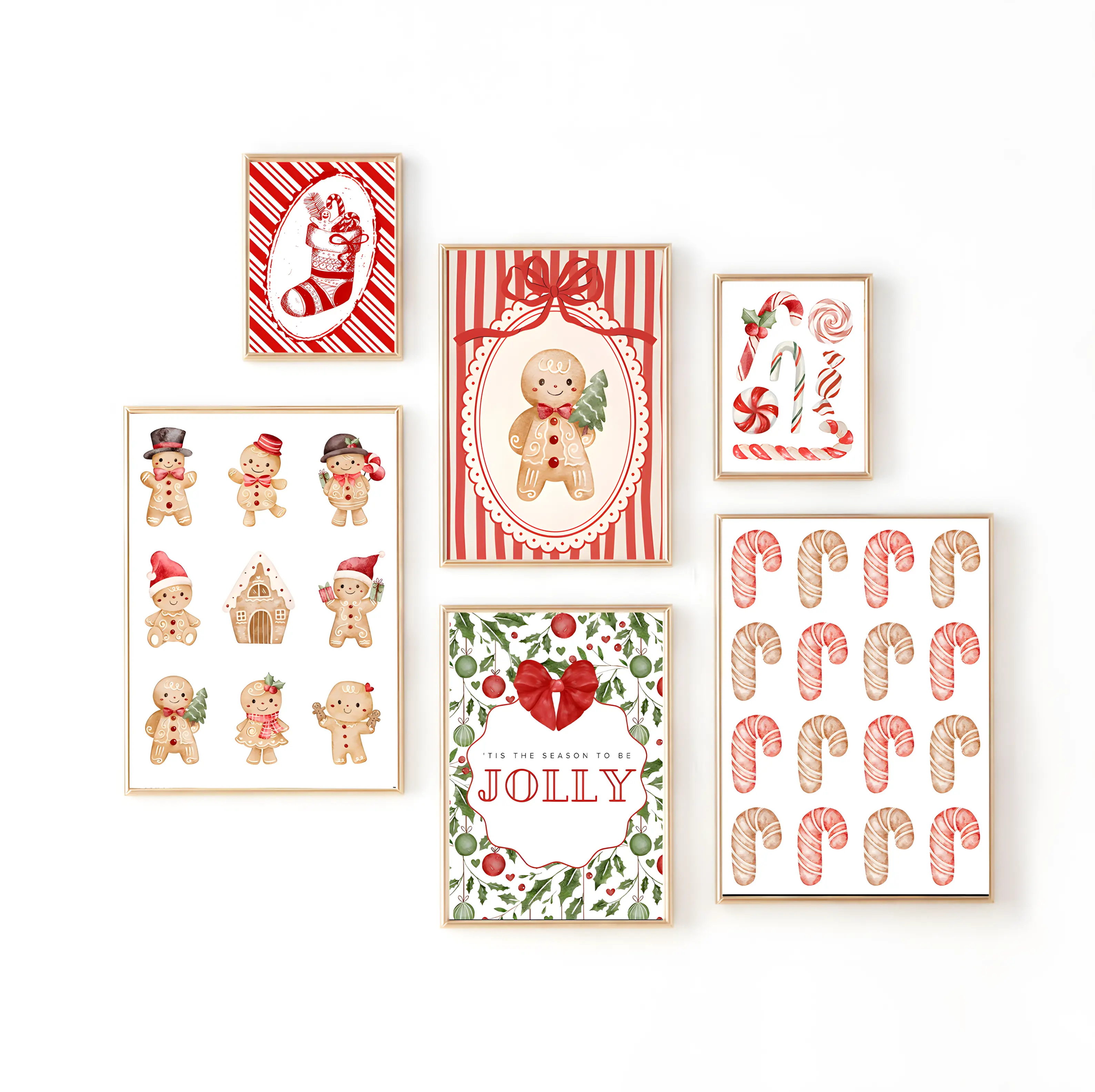 Retro style Christmas gingerbread wall decorations, cute Christmas holiday decoration posters, suitable for winter decoration in living rooms, kitchens or baby rooms.