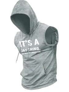 Trendy Men's Hooded Sleeveless Vest Activewear, Outdoor Sportswear, Fitness Workout Vest, Personalized Graphic Print for Young Adults, Sporty Style for All Seasons, Unique Identity Gift