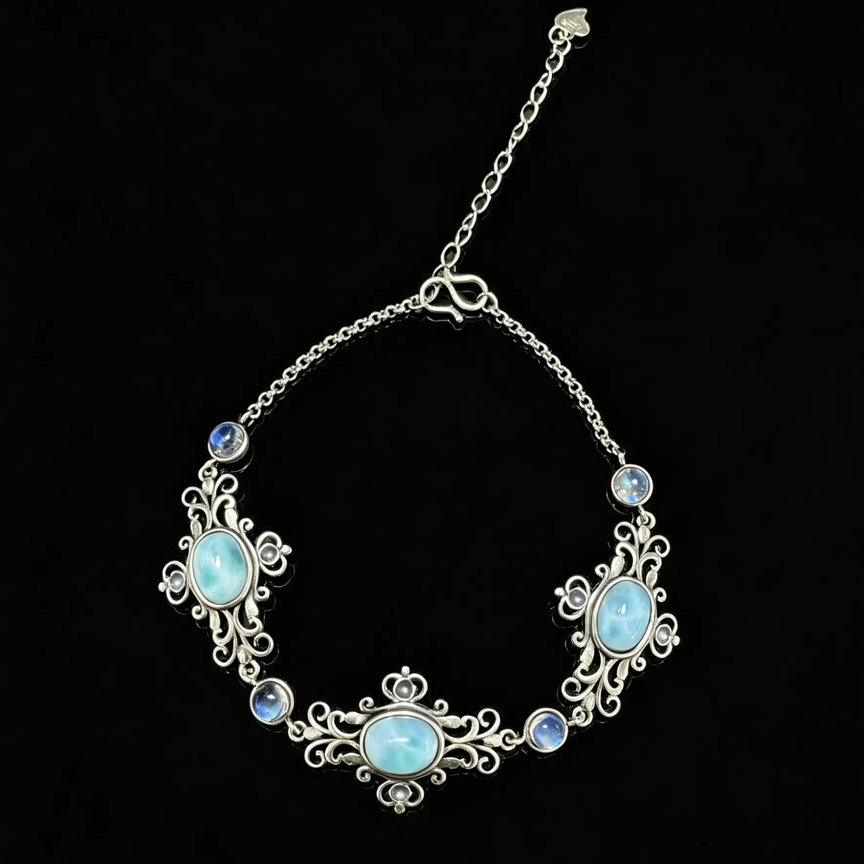 Vintage 925 Sterling Silver Bracelet, Natural Larimar & Moonstone Adjustable Chain Boho Filigree Bracelet For Women, Total Length 21.5cm