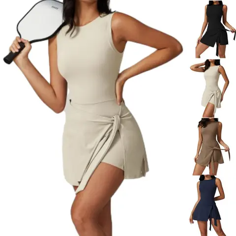 Women's Athletic Dress - Sleeveless Solid Knot Wrap Tummy Control Romper with Built-in Shorts, Lightweight Sports Dresses for Multisport Lifestyle, Tennis Wear