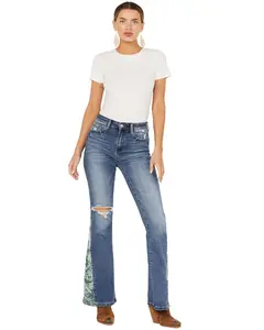 Vervet Women's Pound Medium Wash High Rise Floral Flare Jeans - V3092