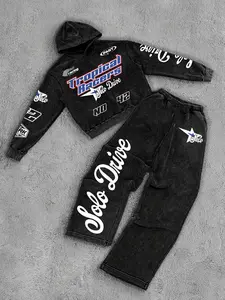 Vintage Acid Wash Racing Graphic Matching Set | Y2K Streetwear Oversized Cropped Hoodie & Wide Leg Sweatpants 2 Piece Outfit for Urban Aesthetic Fit Check