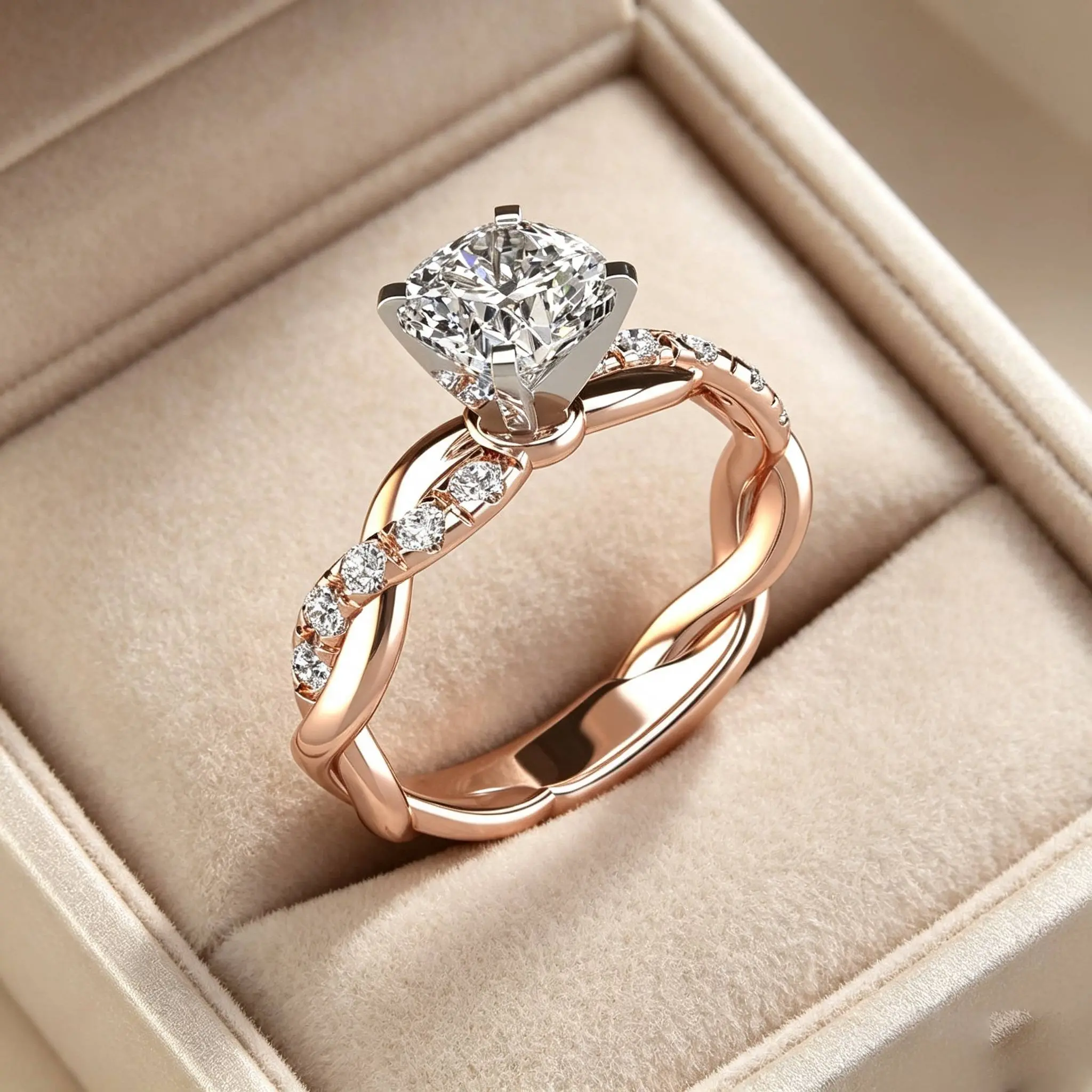 Artificial Gemstone Engagement Ring - Rose Gold, Twisted Arm, 4-Prong Main Stone, Affordable Luxury Jewelry Accessory