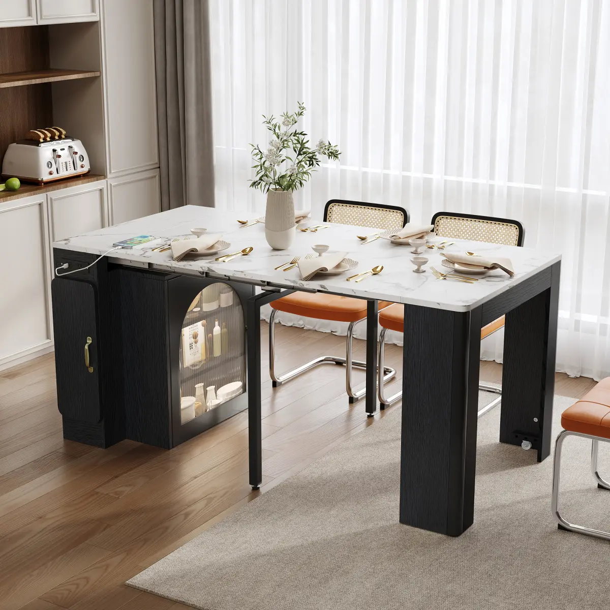 Modern Black and Marble White Glass Extendable Dining Bar Table - 3 Removable Middle Leaves, Mobile Rolling Island, Power Outlet/Charging, Ambient Lighting Display Cabinet, 15.6"-59"L x32.7"W x30.3"H, 118.20 lbs, Assembly Required for Dining Room, Metal H